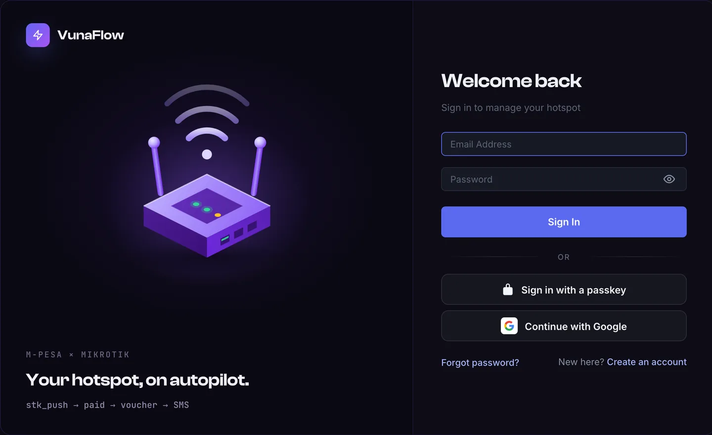 VunaFlow sign-in screen with Continue with Google