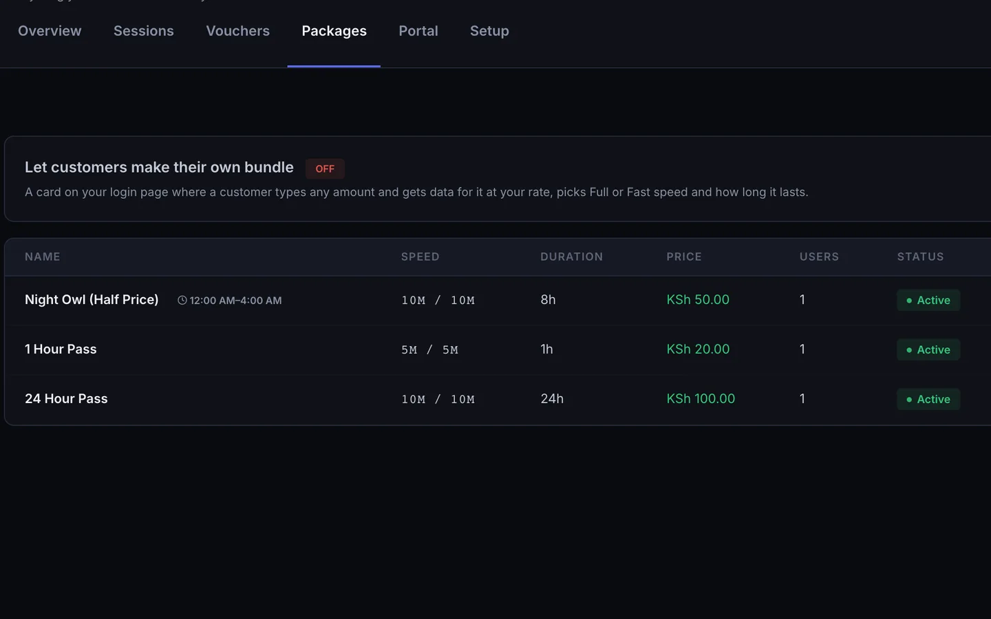 Packages table with speed, duration and price for each package