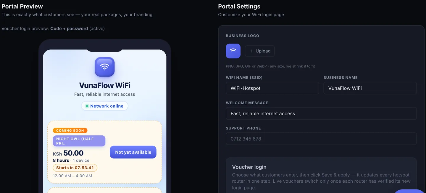 Portal Designer with a phone preview of the branded login page