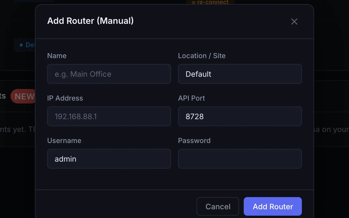 Add Router form with IP address, username and password